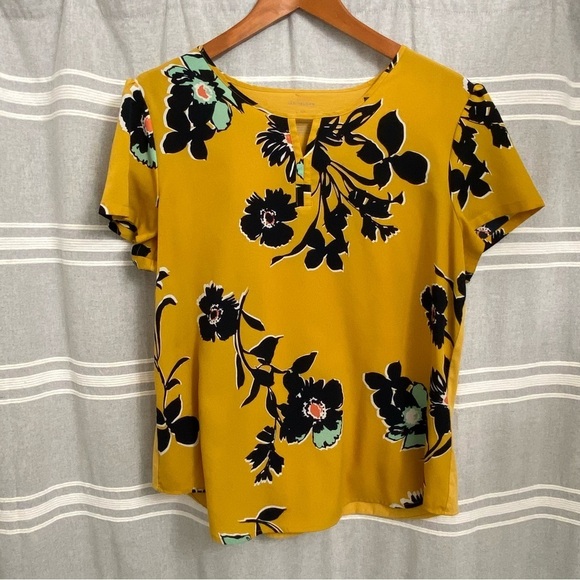 VAN HEUSEN / Yellow Floral Print Short Sleeve Blouse Size L - Picture 1 of 9